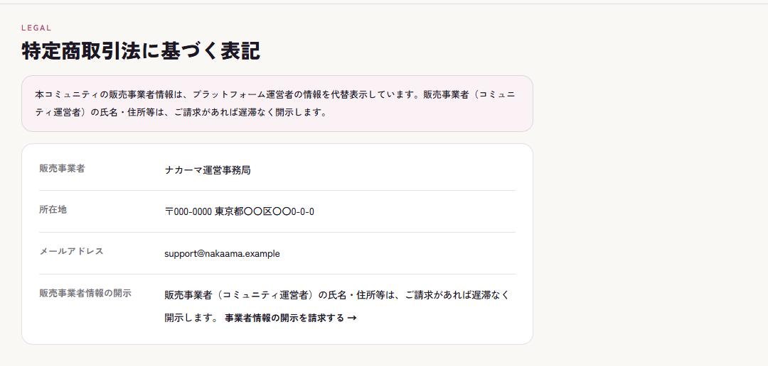公開ページの特商法表記（プラットフォーム代替表記）