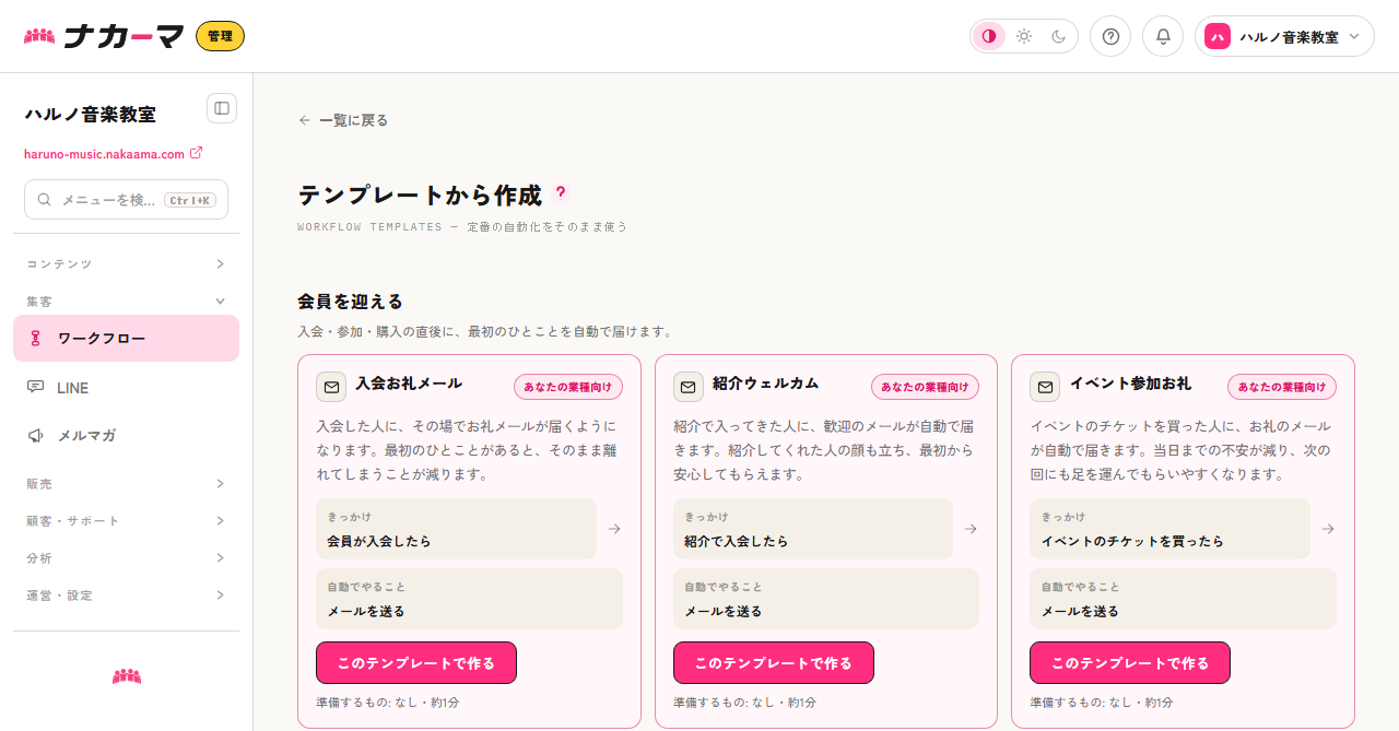テンプレートから作成の一覧（きっかけと自動でやることが書かれたカード）
