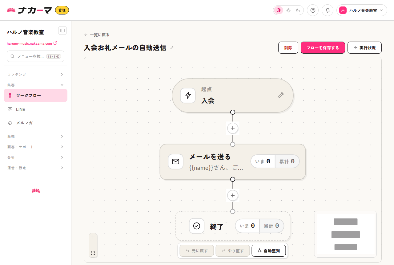 ワークフローの編集キャンバス。トリガー（入会）から始まるフローを組み立てる画面