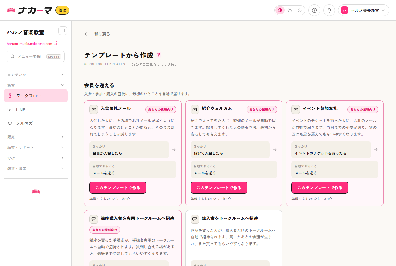 ワークフローのテンプレート一覧。「会員を迎える」の節に入会お礼メール・紹介ウェルカム・イベント参加お礼が並び、各カードにきっかけと自動でやることが示されている